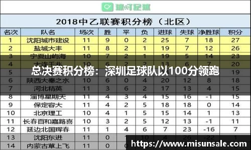 总决赛积分榜：深圳足球队以100分领跑